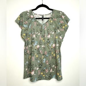 Massini Women’s Green Floral Short Sleeve Top Blouse Size S